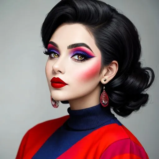 Prompt: A woman all in primary colors, pretty makeup