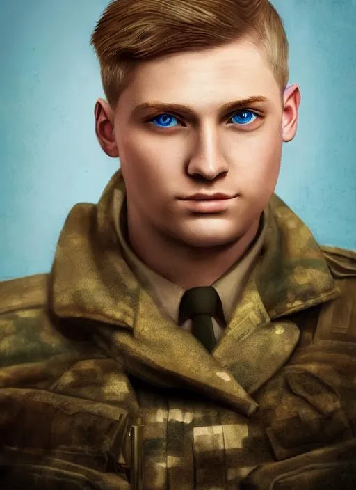 Prompt: portrait, Profile picture, hyperrealistic, male soldier, dark blonde hair and light blue eyes, dirty, post-war