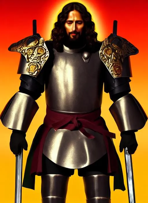 Prompt: Portrait of {Jesus Christ and army of samurai saints marching towards Satan's cyberpunk ninjas} with {color} hair and with glorious face, full body armor, swords and divine power {background}, perfect composition, hyperrealistic, super detailed, 8k, high quality, trending art, trending on artstation, sharp focus, studio photo, intricate details, highly detailed, by greg rutkowski