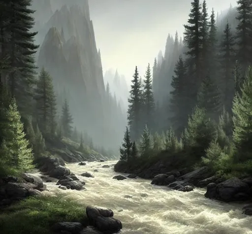 Prompt: a valley with lush pine forests and bushes and fields and a wild river running though, surrounded by barren cliffs, atmospheric, volumetric lighting, soft light, artstation, foggy, digital painting, highly detailed, low saturation