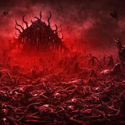 Prompt: Dark Red Hellscape| As far as can be seen Detailed Skulls and bones litter the ground| Detailed Flayed People Lay About| Blood Drizzles from the sky| Black Spirits Wander about| Dark Fantasy| Detailed Implements of Torture on Ground| Detailed Demonic Hell Hounds Wander| 8K Resolution Concept Art| Dynamic Lighting| Deep Cool Colors| 3D Shading| Design Tim Bradstreet
