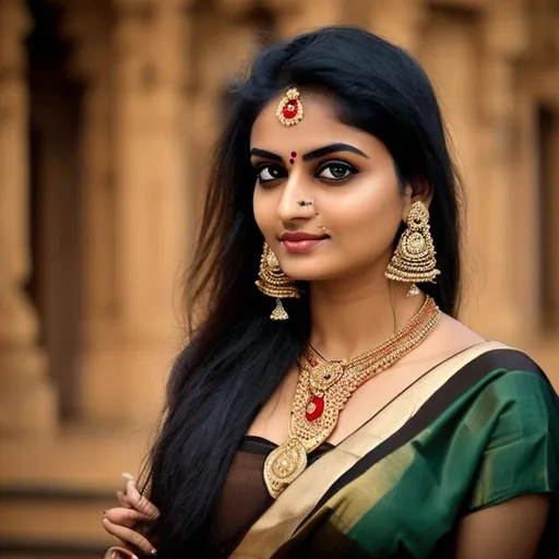 Prompt: Lady wearing black saree with brown eyes 