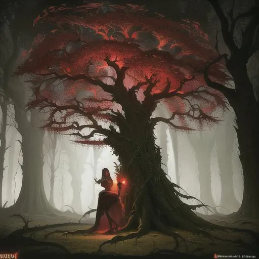 Prompt: Vines growing from a Druids heart through her body into a dead tree brining it back to life, a masterpiece, dark fantasy concept art, dynamic lighting, hyperdetailed, intricately detailed, Splash screen art, deep color, Unreal Engine, volumetric lighting, Alphonse Mucha, Jordan Grimmer, Red and Black complementary colours