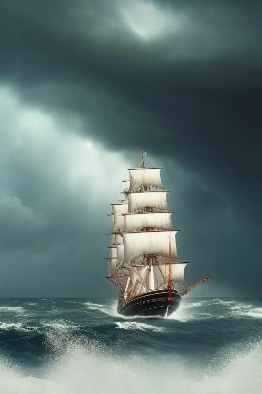 Prompt: Photographic image of a tall-ship in stormy weather, big waves, thunder bolts, dark clouds, crescent moon, photo-realistic, octane render, artstation, intricate details,