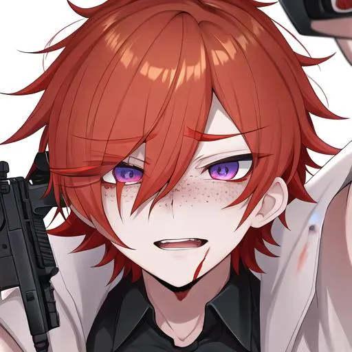 Prompt: Erikku male adult (short ginger hair, freckles, right eye blue left eye purple) UHD, 8K, Highly detailed, insane detail, anime style, covered in blood, psychotic, holding a shotgun pointing at the camera