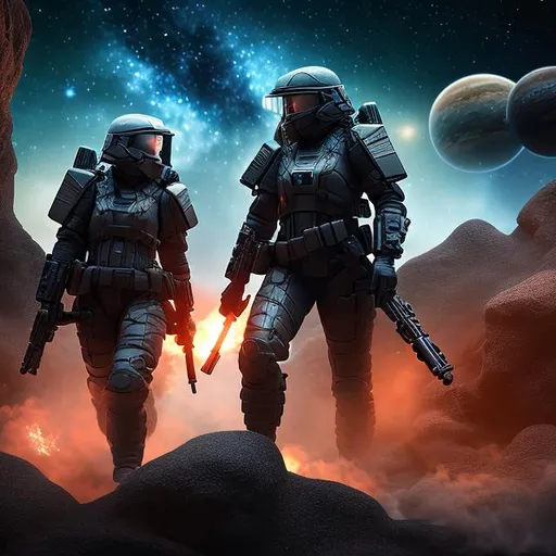 Prompt: create a photograph of two fictional elite female soldier fighting each other, extremely, detailed environment, detailed background, planets an nebulae in sky highly detailed, intricate, detailed skin, natural colors , professionally color graded, photorealism, 8k, moody lighting
