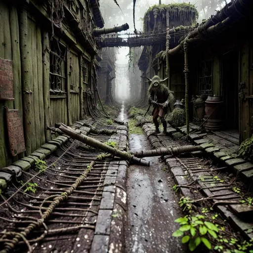 Prompt: dirty, eerie goblins,  ragged cloak, belts and pouches, spear,  mossy, decaying, rusty and worn,  intricate detail,  show antennas and wires and circuits, old apocalyptic city wasteland overgrown by oppressive huge forest, vines, plants and roots growing, cracking through walls, 3d render,  high detail,