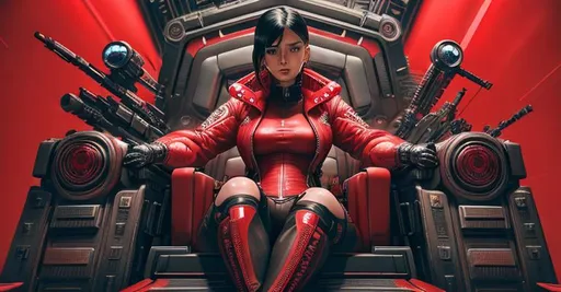 Prompt: cyberpunk female Akira wearing red biker outfit on throne, mechanical, excited, symmetrical, perfect composition, hyperrealistic, super detailed, 8k, high quality, Splash art, front, epic Instagram, artstation, hyperdetailed intricately detailed, unreal engine, intricate detail, splash screen, complementary colors, concept art, 8k, heavy strokes, splash arts, full height, full body focus