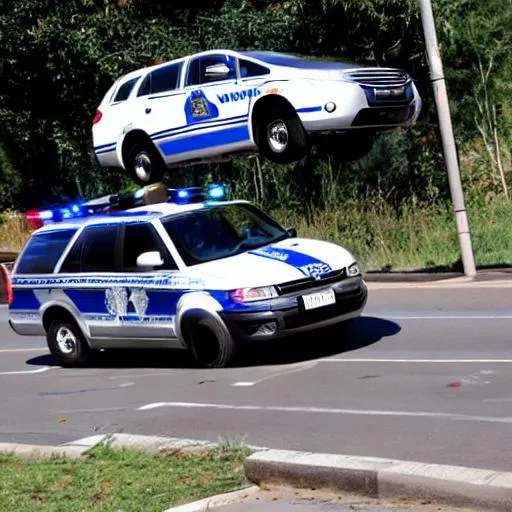 Prompt: Police car jumping over a police car