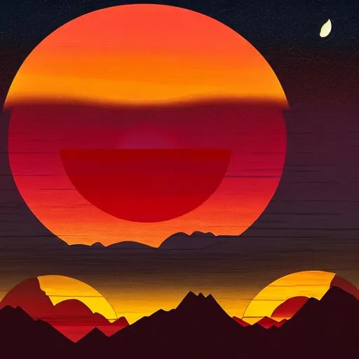 Prompt: two suns, double sunrise, red colors in the sky, desert landscape in background,