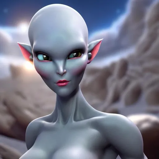 Prompt: An Attractive female {Grey Alien}, bald,