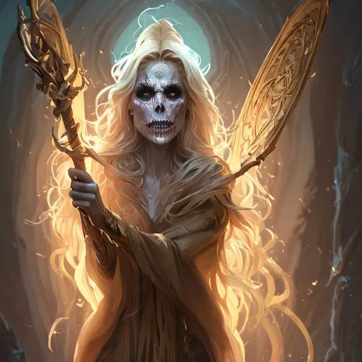 Prompt: Full body splash art portrait of a non-evil female undead sorceress casting a spell, skull nose, very long honey light brown golden hair with a fringe, wearing long light-colored iridescent pastel robes, carrying a wooden staff, D&D, fantasy, highly detailed, very sharp focus, digital painting, artstation, concept art, 4k, 8k