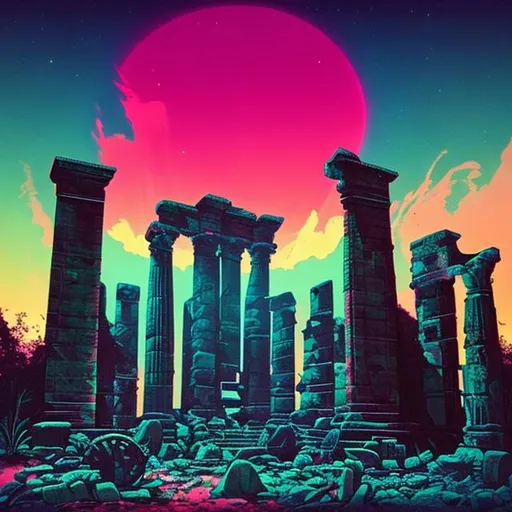 Prompt: Synthwave ancient ruined temple