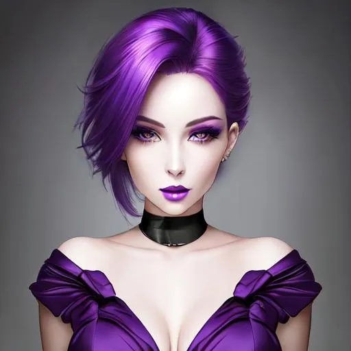 Prompt: Beautiful woman portrait Purple hair, eyes and lips
