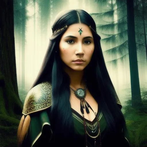 Prompt: Native american woman, tainted, spirit, elven ears, forest, leather armor, animals, spirit, ghost