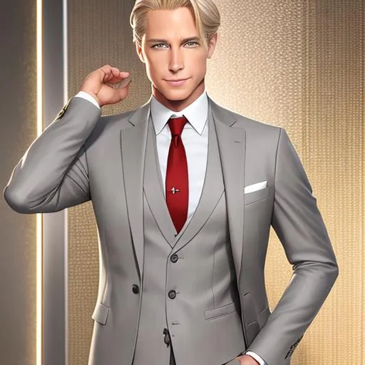 Prompt: Character concept art of a man in his late thirties to early fourties with light honey blond hair and gray eyes, wearing a tailored gray suit with a gray necktie on the red carpet at a gala. He has no facial hair, a slicked back coiffed hairstyle, smooth soft skin, and a is wearing a tight smile. soft lighting, intricate, elegant, highly detailed, digital painting, trending on artstation, detailed face, realistic face, smooth, sharp focus, illustration art by Stanley Lau, detailed face, by makoto shinkai, stanley artgerm lau, wlop, rossdraws, concept art, digital painting