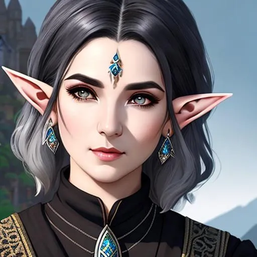 Prompt: half body portrait, male, pointed ears, drow elf, gray ears, ((gray skin:0.6)), detailed face, detailed eyes, full eyelashes, ultra detailed accessories, detailed village, village worker, background, simple apron, short messy hair, black hair, dnd, artwork, fantasy ,inspired by D&D, concept art, ((looking away from viewer)), ((muted colors)), ((faded colors)), art inspired by Agnes Cecile