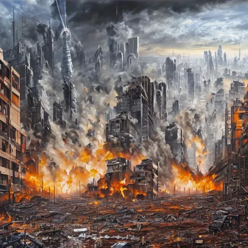 Prompt: The Aftermath of an epic warzone in a city. oil painting
