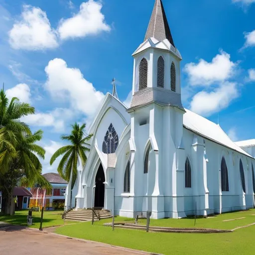 Prompt: Cathedral, wooden Anglican church, Georgetown, Guyana, sunny day, bright blue sky, green grass, white, street view, isometric view, 