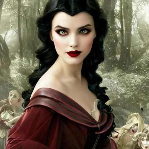 Prompt: Snow White as a vampire queen, with curly wavy very dark brown hair, green eyes, straight nose, full lips, gothic, dark, horror, intricate, elegant, highly detailed, digital painting, artstation, concept art, smooth, sharp focus, illustration, art by artgerm and greg rutkowski and alphonse mucha and william bouguereau, crimson peak by Guillermo del Toro