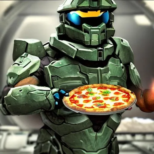 Prompt: master chief cooking a pizza