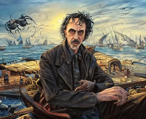 Prompt: oil painting by Tim Burton and Artgerm portrait of a man Sitting in the morning sun watching the ships, the tide rolls away, sitting on the dock of the bay, 
cinematic atmosphere, award-winning cgi 