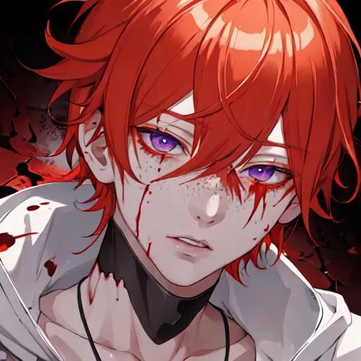 Prompt: Erikku male adult (short ginger hair, freckles, right eye blue left eye purple)  UHD, 8K, insane detail anime style, covered in blood, psychotic, covering his face with his hands, face covered in blood and cuts, blood highly detailed