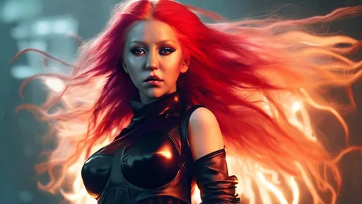 Prompt: Christina Aguilera as Mara jade, 23 years old, black crop top, black leather pants, details on her long red hair, full body shot, ultra realistic, photoshoot quality, UHD, HD, 100K, stunning visuals, atmospheric, red evil eyes, curvy slim build, light contrast