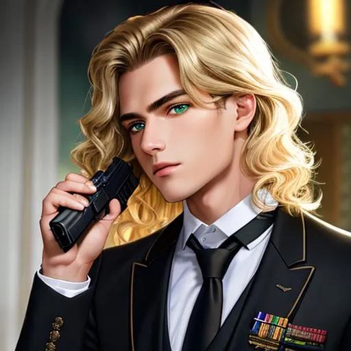 Prompt: Oil painting, 19 year old male, UHD, 8K, Very Detailed, detailed face, with ethereal fantastical light skin & short blond wavy hair and green eyes and black suit, holding a gun