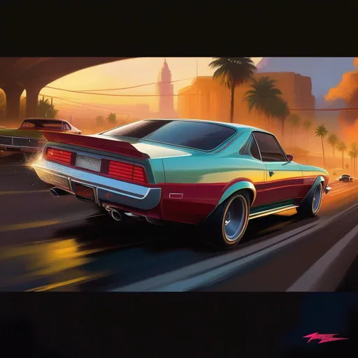 Prompt: Need for Speed Underground 2, car chase, cartoony, extremely detailed painting by Greg Rutkowski and by Henry Justice Ford and by Steve Henderson