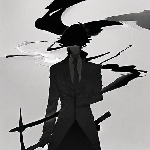 Prompt: a shadow with a sword in the smoke slowly approaching the viewer


