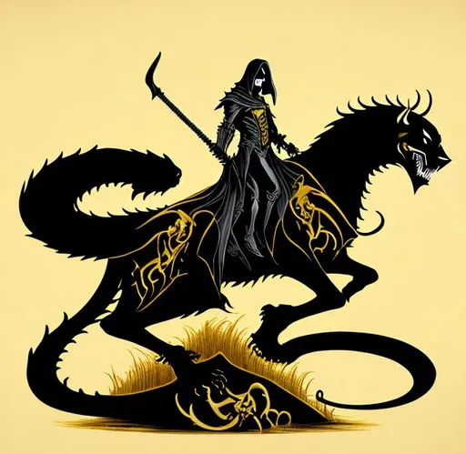 Prompt: grim reaper riding on a panther. black and gold colors