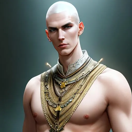 Prompt: fantasy, medieval, Tall man, slender, with pale yellow skin and brown eyes, and a shaved head, With a spear on his back, UHD, 8k, high quality, ultra quality, perfect composition, trending art, trending on artstation, sharp focus, studio photo, intricate details, cinematic lighting, special effects, hyper realism, hyper realistic, oil painting, Very detailed, high detailed face, high detailed eyes, full body, full view of character.