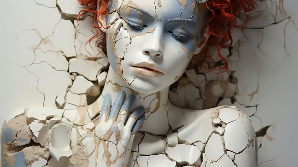 Prompt: paint comming out of cracked white porcelain dolls