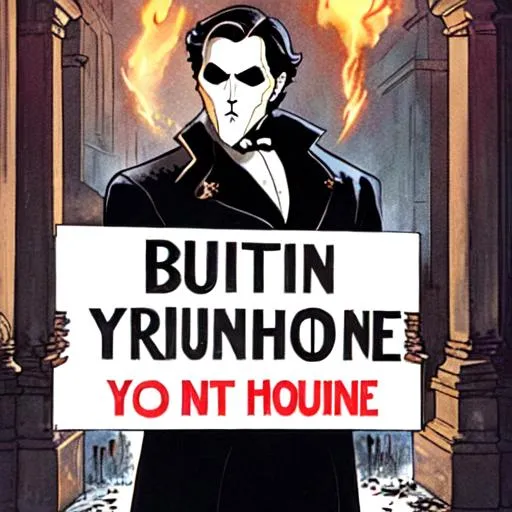 Prompt: The Phantom of the Opera holding a sign that says "I burnt down your house"