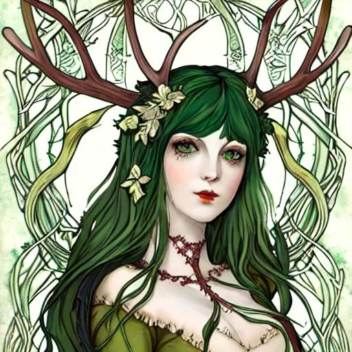 Prompt: Green haired woman, twig antlers, art nouveau