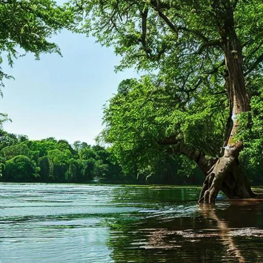 Prompt: Surrounding the river, towering trees provide welcome shade, their branches reaching out as if to witness the children's playful escapades. The air is filled with the sweet scent of blossoming flowers, carried by a gentle breeze that dances across the water's surface, creating a symphony of nature's fragrances.