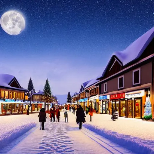 Prompt: winter town centre ultra realistic inspired by Evgeny Lushpin, Peter Zumthor,bus,people walking winter sunset,full moon,p