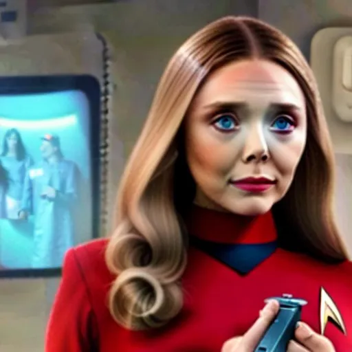 Prompt: realistic photo image of beautiful Elizabeth Olsen dressed as a 60's Star Trek nurse, high quality photo still, Enterprise command chair, holding a tricorder