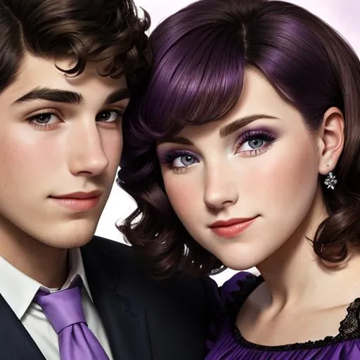 Prompt: Woman wearing a purple dress,  with a young man with dark hair, facial closeup