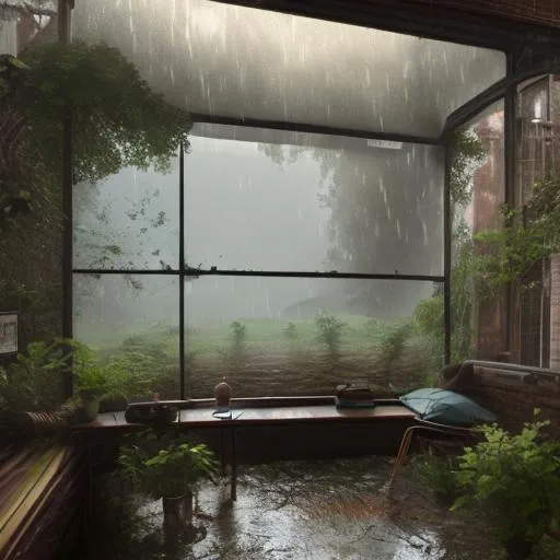 Prompt: a beautifull rainy day in the countryside through a wooden window by greg rutkowski, soft palette, trending on artstation .Bright Cozy Cafe Interior. Dark lightning storm outside. Cinematic Lighting. Ambient Scene. window overlooking heavy
 rain and plants a table by its side with coffee laptop headphones working cafe 
animated amine style 