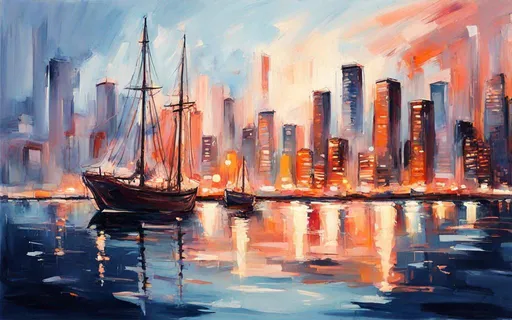 Prompt: modern abstract gouache painting, pale blue pastel colors, city skyline at night, overlooking modern schooner with glowing lights in the harbor 