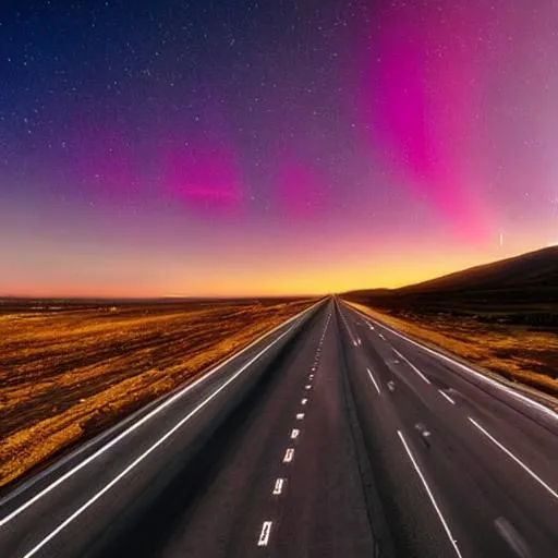 Prompt: highway with northen lights and sunset