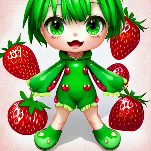Prompt: character crazy and cute with green eyes and strawberry custom