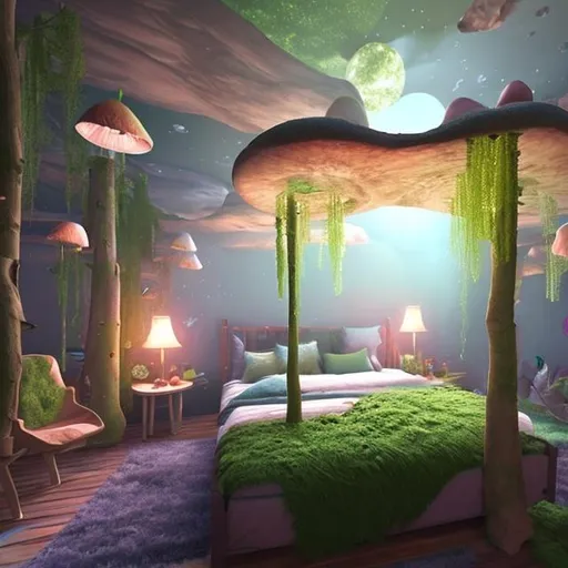 Prompt: Create a cozy fantasy bedroom with trees, mushrooms, moss, colorful lighting.