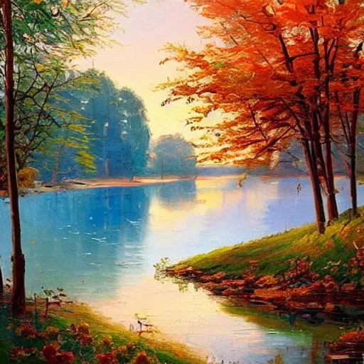 Prompt: Create a painting of a serene lake landscape using mostly blue and orange colors in the style of Peder Mork Monsted.