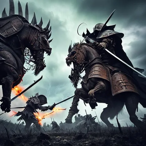 Prompt: Giant Medieval battle scene, photo realistic, Fantastic, color spectrum, hyper detailed, epic, We see two monster knights in battle - one in white armor, and one in black. They swing their mighty swords, while soldiers fight and die around them, battlefield.
The sky is a dark storm of black and grey clouds and lightning flashes, catapults launch flaming missiles into the air, dragons in flight in the distance. Landscape, Hyperrealistic, 8k