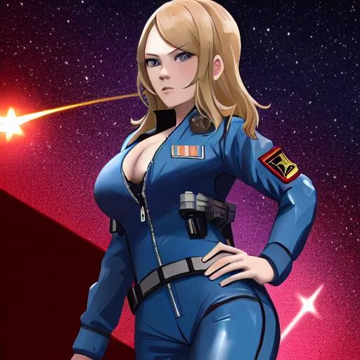 Prompt: Julia Stiles as a Star Wars Pilot in flight suit, space theme, hands on hips, star fighter in background, rebel insignia on flight suit, cleavage.