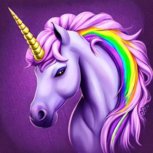 Prompt: purple  unicorn, realistic, rainbow background, only one horn