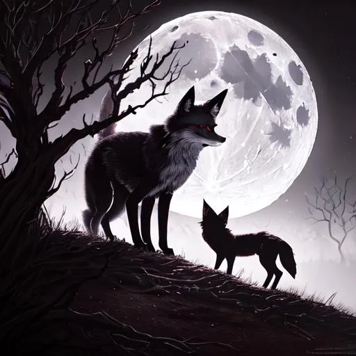 Prompt: evil fox with glowing red eyes standing on a moonlit hill surrounded by twisted, gnarled trees. The fox has sharp, menacing teeth and a sleek, black fur. The moonlight casts an eerie glow on the scene, emphasizing the fox's wicked demeanor. The image should have a dark, sinister atmosphere with a touch of mysticism. (dark fantasy:1.2) (moonlight:1.1) (sinister:1.1) (ominous:1.1) (nocturnal:1.1) (haunting:1.1)